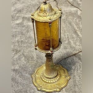 Antique Polychrome Table Lamp With Amber Cracked Style Shade Art Deco